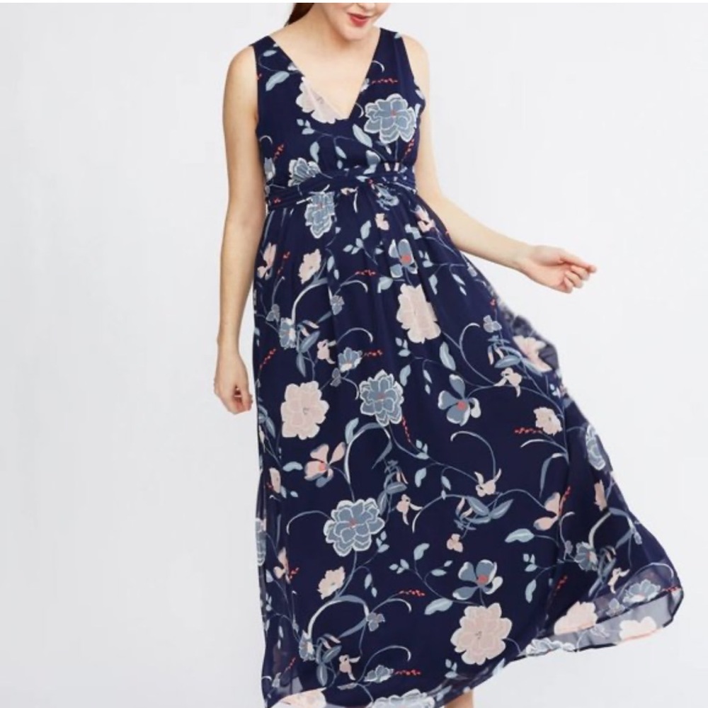 Motherhood blue floral print chiffon‎ V cleavage sleeveless Maxi Dress Sz S